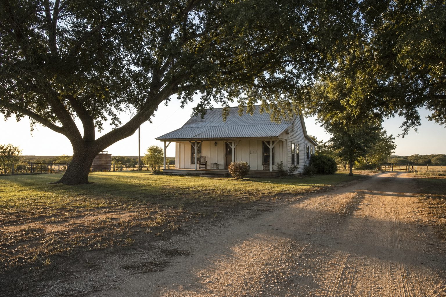 Concept image of a rustic Texas farmhouse surrounded by open acreage