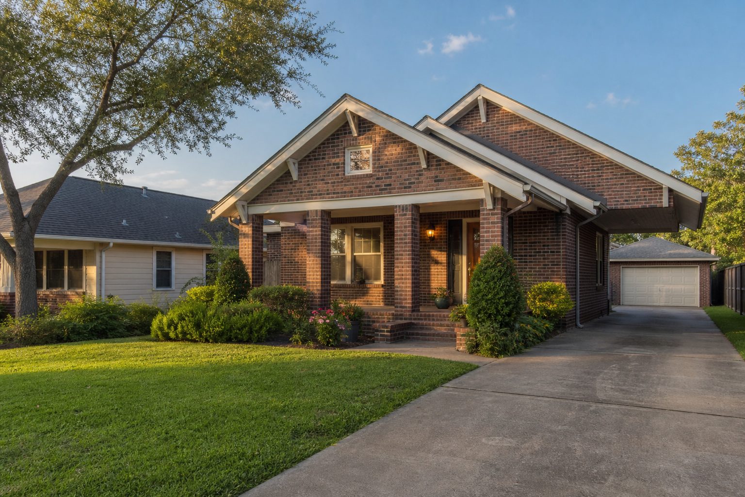 Concept image of a single-family brick craftsman home in a Houston, Texas neighborhood